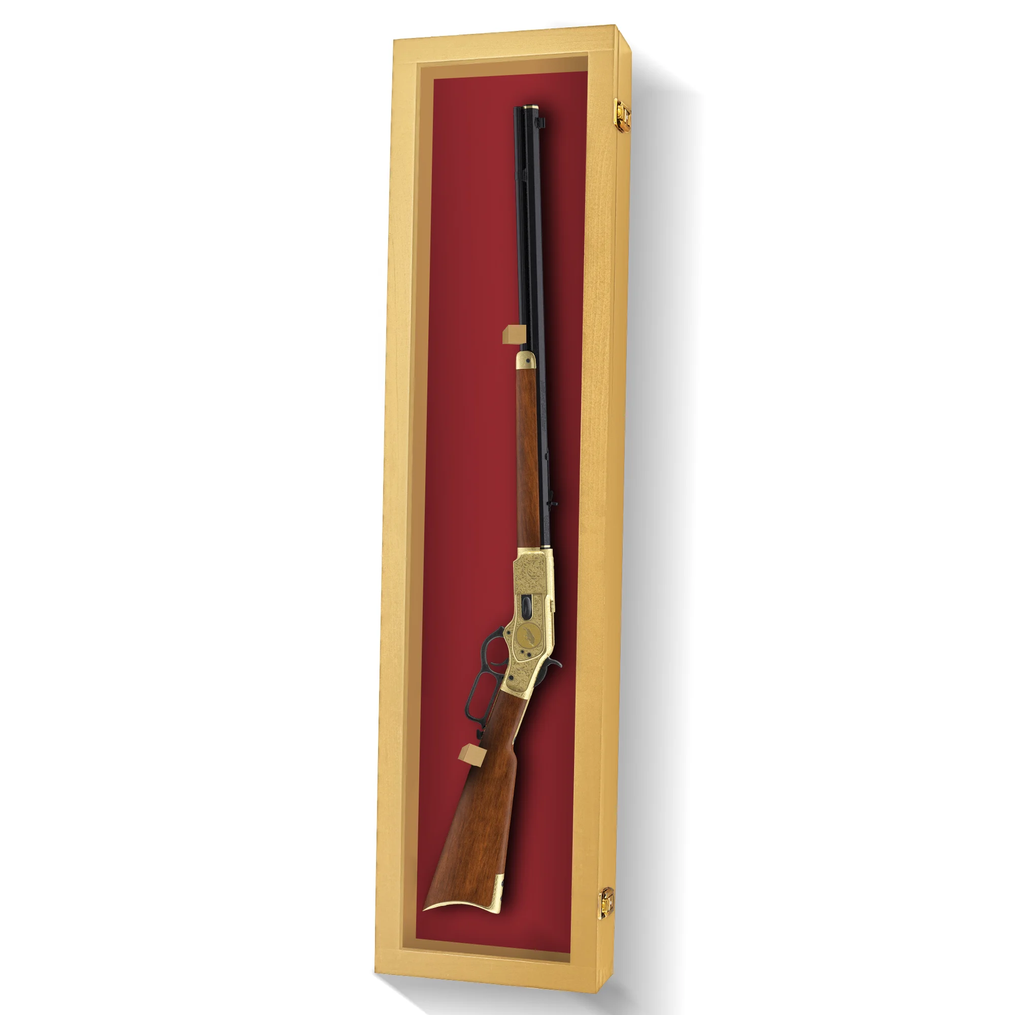 PENNZONI Rifle Gun Display Case, Clear Acrylic & Hardwood Cabinet, Golden Oak w/ Red Felt