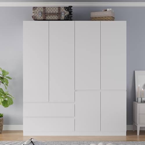 Armoire Wardrobe Closet with Drawers and Doors, 4 Door 2 Drawers White Bedroom Armoires Wooden Wardrobe with Shelves and Hanging Rod