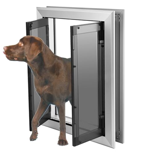 Large Dog Door, Aluminum Frame Doggy Door, Weatherproof Dogs Doors with Automatic Closing Double Panels for Energy Efficient