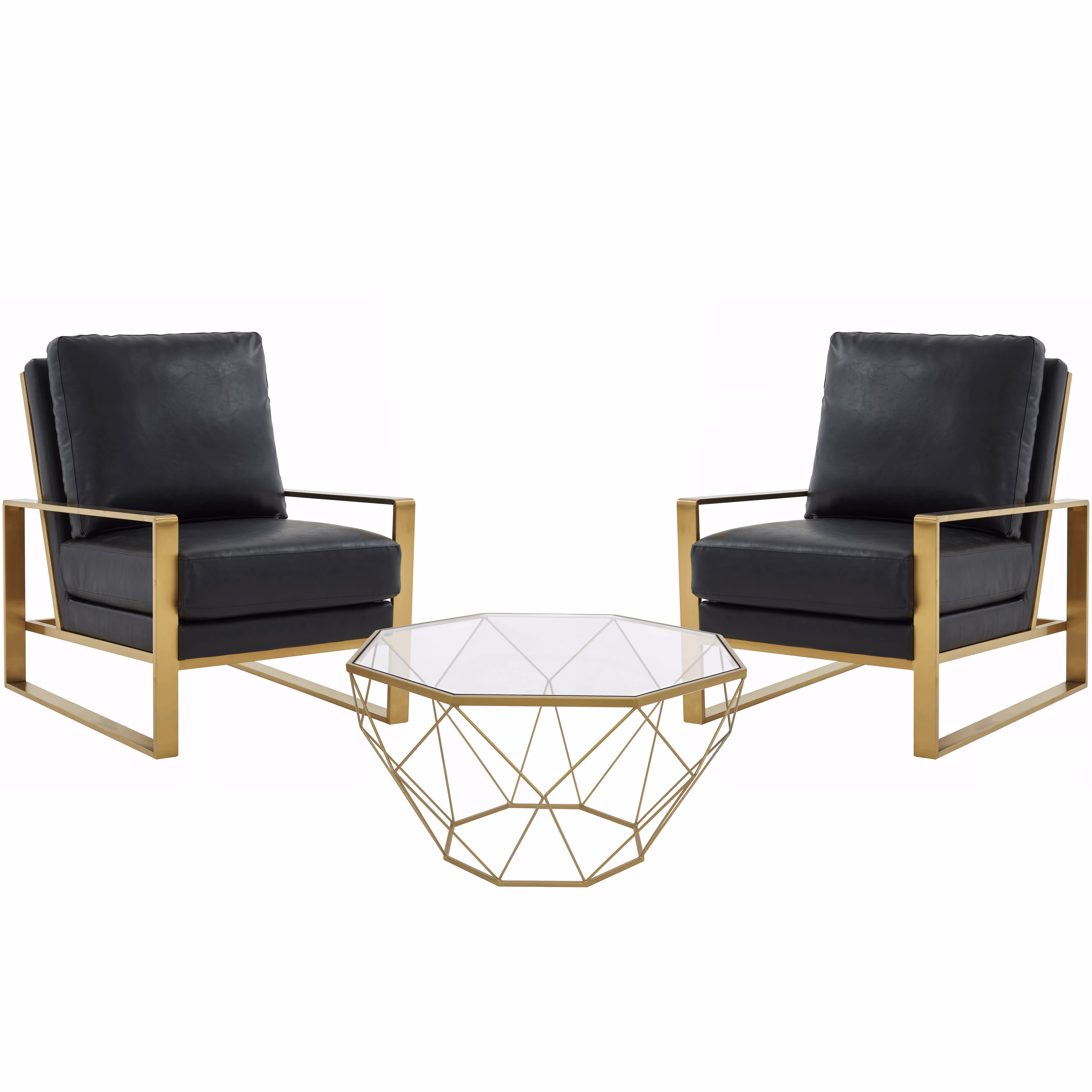 LeisureMod Jefferson 3-Piece Living Room Set with Leather Arm Chairs and Octagonal Coffee Table with Gold Base for Living Room, Black