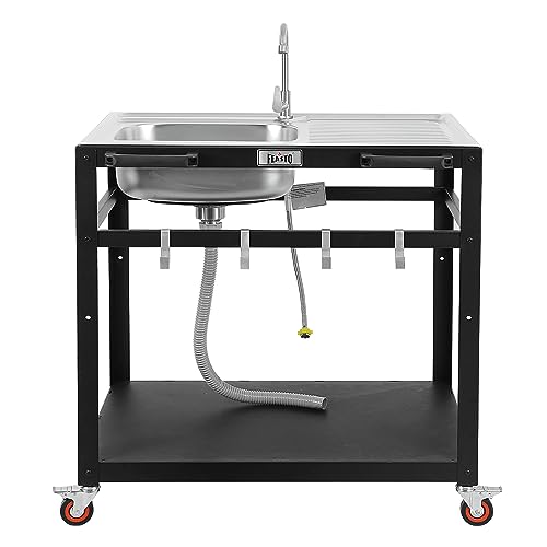 35” Outdoor Grill Cart with Sink, Outdoor Kitchen Sink Station with Hose Hook Up, Free Standing Sink with Wheels