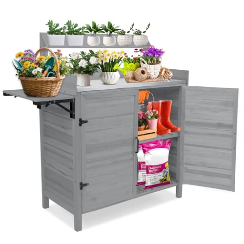 Kalolary Potting Bench for Outside Garden Potting Table with Storage Cabinet Foldable Shelf Multipurpose Garden Workstation Wooden Outdoor Potting