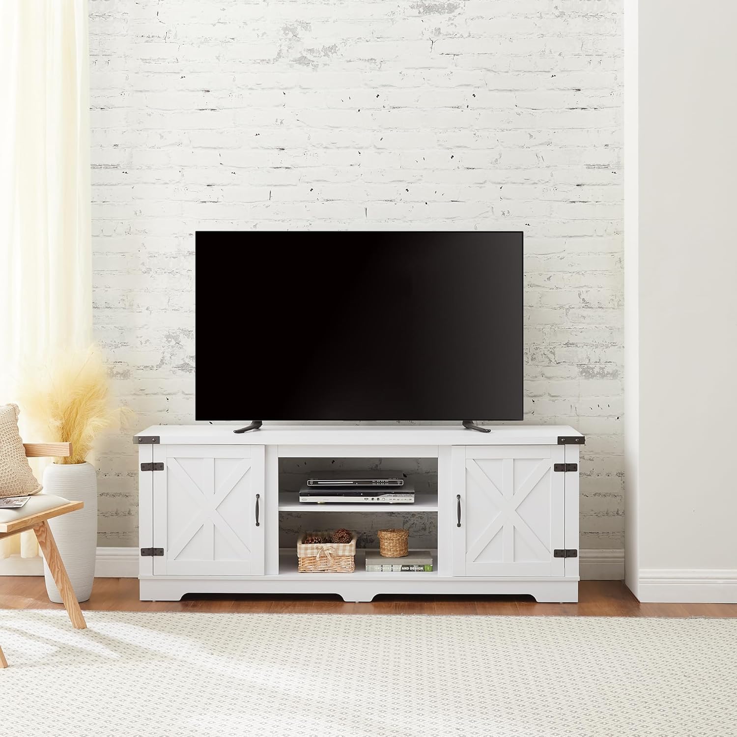 Modern Farmhouse TV Media Stand | Large Barn Style Home Entertainment Console for TVs Up to 70 Inches, with Open Shelves and Closed Cabinets