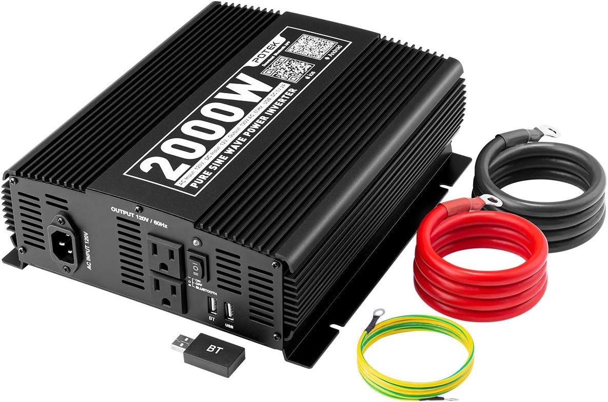 POTEK 2000W Pure Sine Wave Inverter with Automatic Transfer Switch 12V DC to 120V AC and Bluetooth