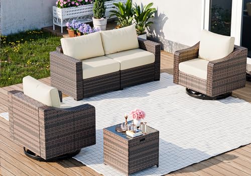 Outdoor Patio Furniture Set,6 Pieces Heavy Duty Wicker Patio Furniture with Fire Pit Table, Larger Seat Soft Cushion
