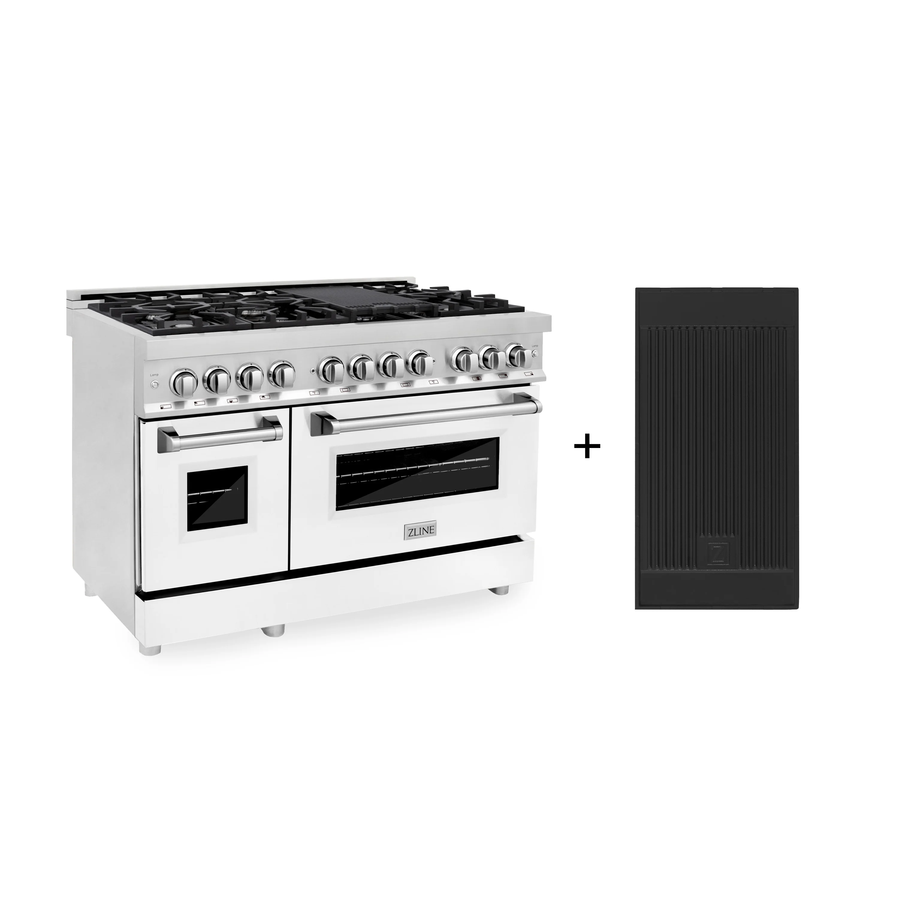 ZLINE 48 6.0 cu. ft. Gas Burner, Electric Oven with Griddle and White Matte Door in Stainless Steel, RA-WM-GR-48