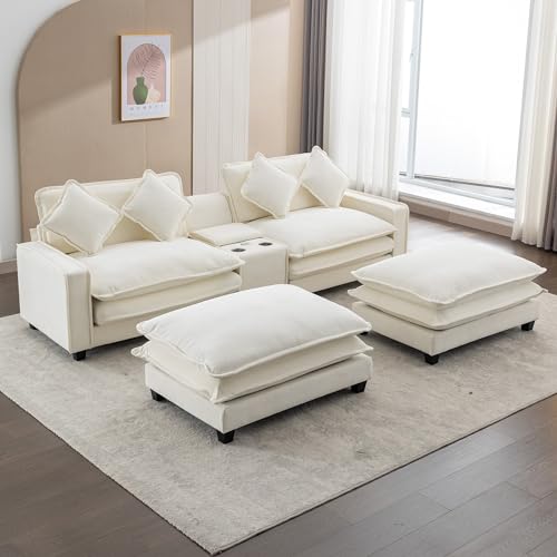 Sectional Couches for Living Room, Sectional Sofa Comfy Sofa Couch with 2 Removable Ottoman & 2 USB Ports, Built-in 2 Cup Holders and Storage Box