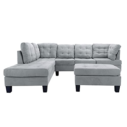 Casa Andrea Milano 3 Piece Modern Tufted Micro Suede L Shaped Sectional Sofa Couch with Reversible Chaise & Ottoman