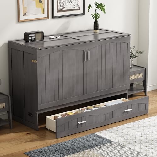 Harper & Bright Designs Queen Size Murphy Bed Cabinet, Solid Pine Wall Bed Chest with USB