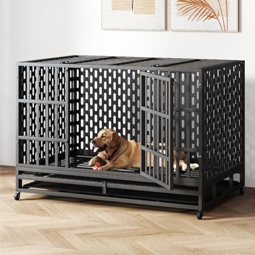 48/42 Inch Heavy Duty Indestructible Dog Crate Steel Escape Proof, Indoor Double Door High Anxiety Cage, Kennel with Wheels, Removable Tray