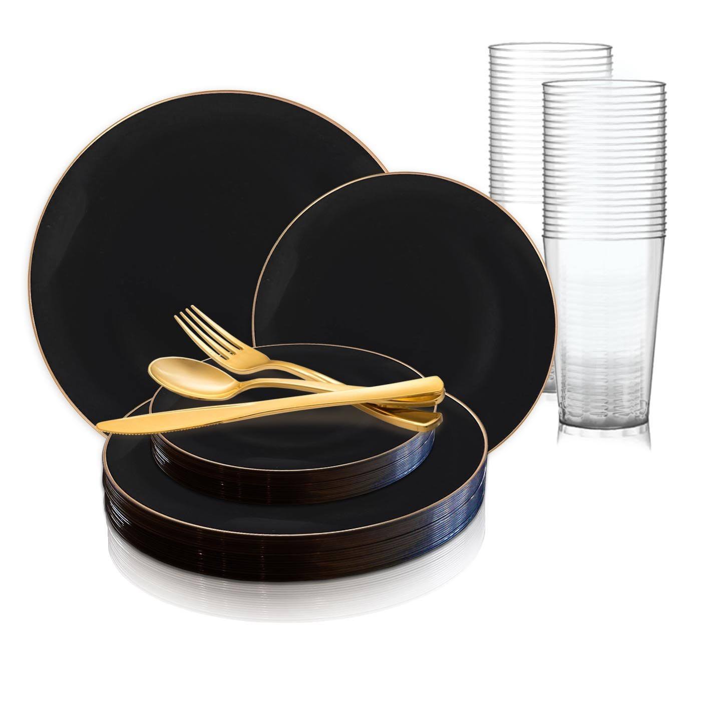 120 Settings, Black with Gold Rim Organic Round Disposable Plastic Wedding Value Set