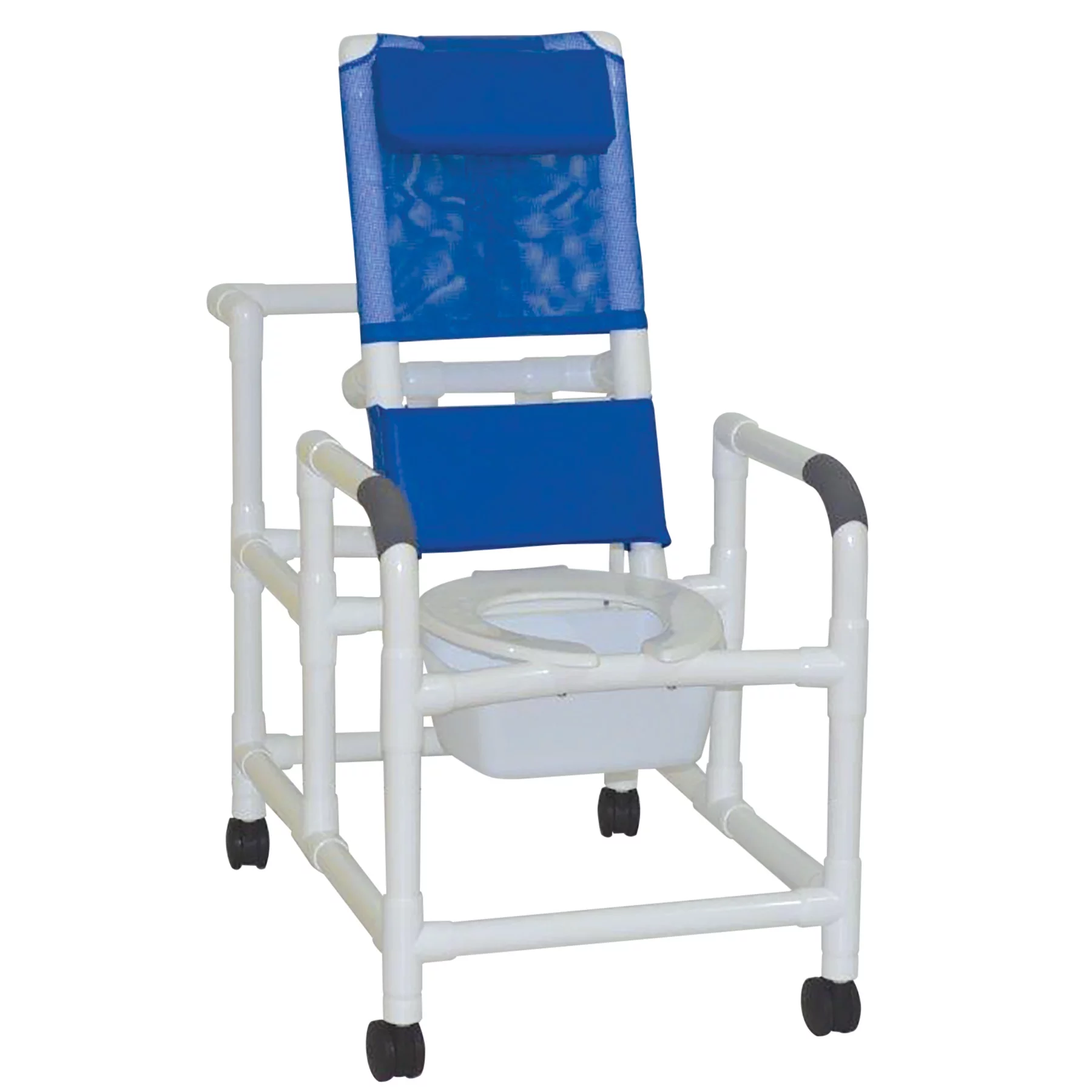 MJM International Reclining shower chair with deluxe elongated open front commode seat, slide out square commode pail, no footrest, no leg extension