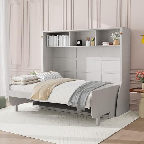 SOFTSEA Full Size Murphy Bed with Desk, Horizontal Wall Bed with Storage Shelves