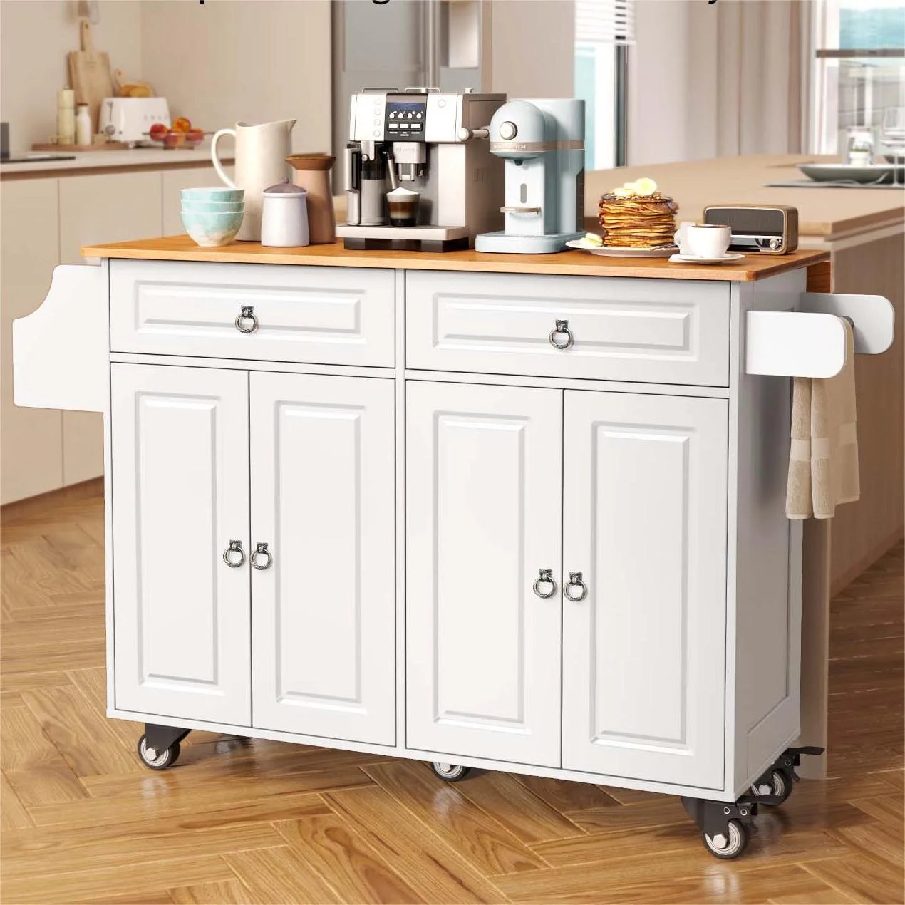 Lofka 52" Kitchen Island with Storage, Kitchen Cart with Drop Leaf, White