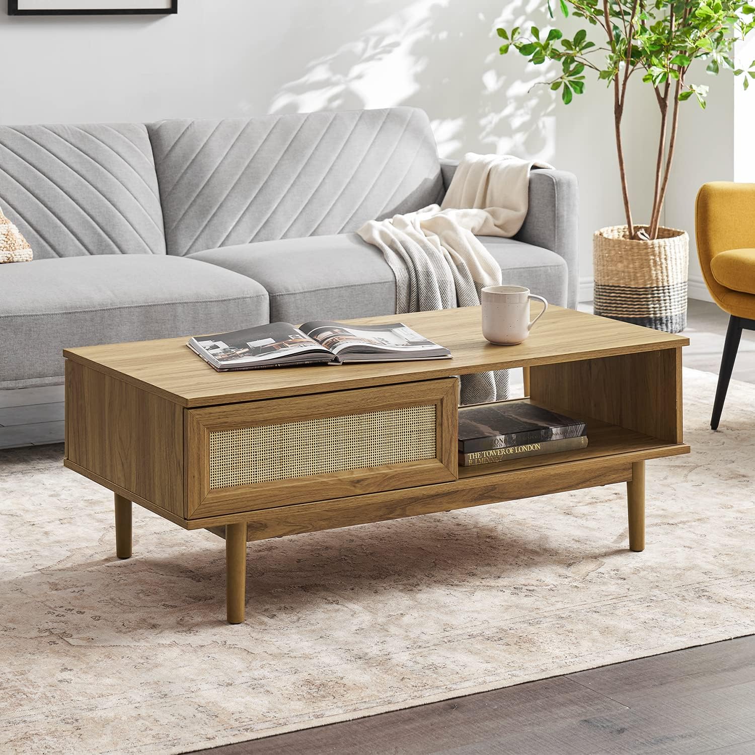 Mopio Haylee Modern Farmhouse Boho Coffee Table, with Rattan Cane Sliding Doors, Ample Storage Space for a Clean and Natural Living Room