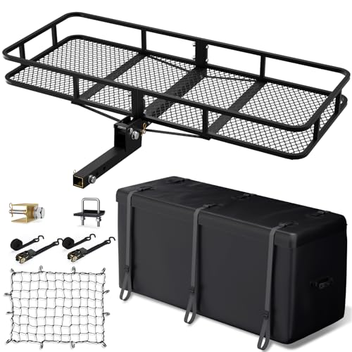 Hitch Cargo Carrier Basket Combo 60" x 24" x 6" 500 LBS Capacity Vehicle Baskets Fits 2" Receiver with 18.2 Cubic feet Cargo Bag, Hitch Stabilizer