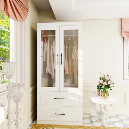 Wood Armoire Wardrobe Closet with Mirror,3 Door Bedroom Armoires Wardrobe Closet with 2 Drawers