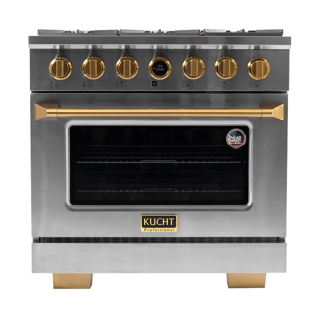 Kucht 36 5.2 cu. ft. 6 Burner Natural Gas Dual Fuel Range in Stainless Steel with Gold Accents and Digital Thermostat