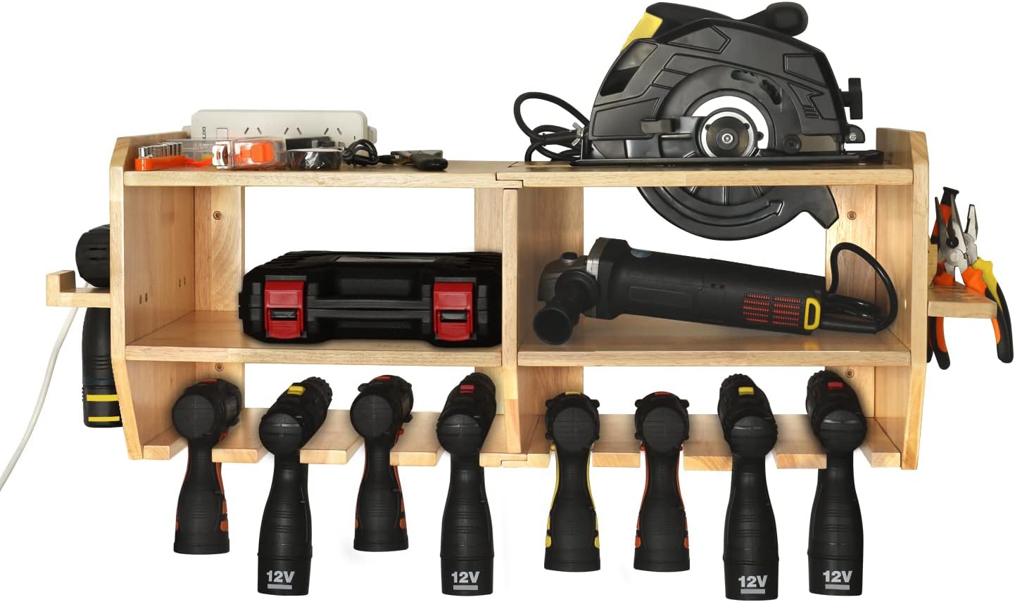 Aomomery Large Power Tool Organizer,Tool Storage Holder with 6 Drill Slots,Wall Mount Garage Tool Organizer ,Wrench and Circular Saw Storage