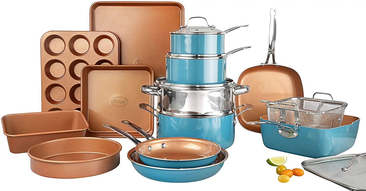 Gotham Steel Cookware + Bakeware Set with Non-stick Durable Ceramic Copper Coating – Includes Skillets, Stock Pots, Deep Square Fry Basket