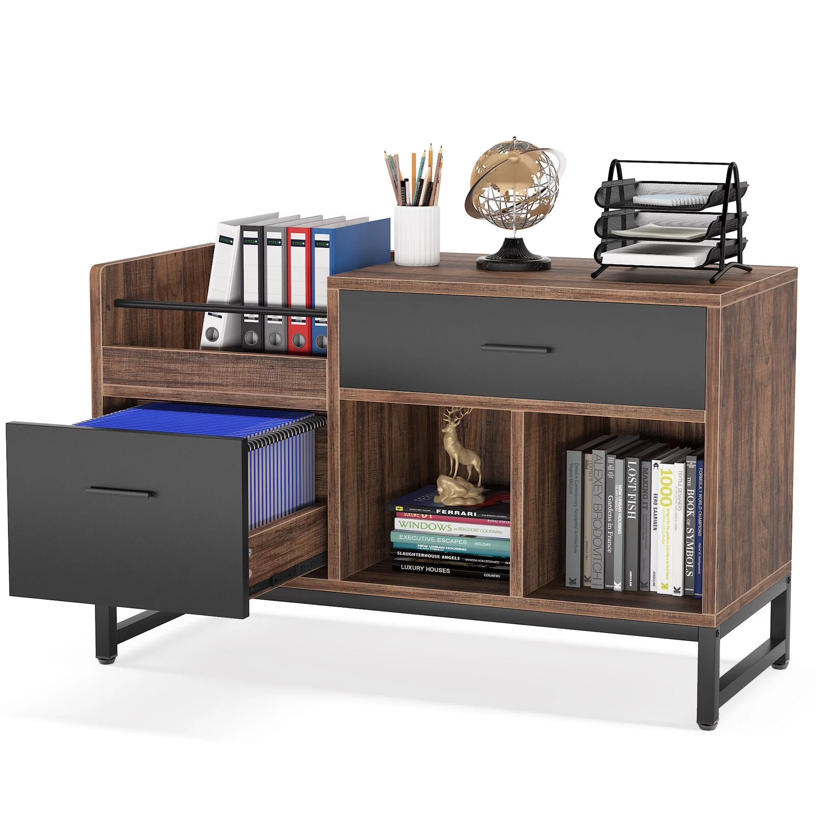 2 Drawers Lateral File Cabinet Rustic Wood Printer Stand with Open Storage Shelves