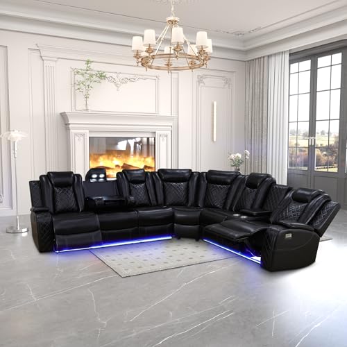 Leather Power Recliner Sectional Sofa with LED, Power Reclining Sectional Couch