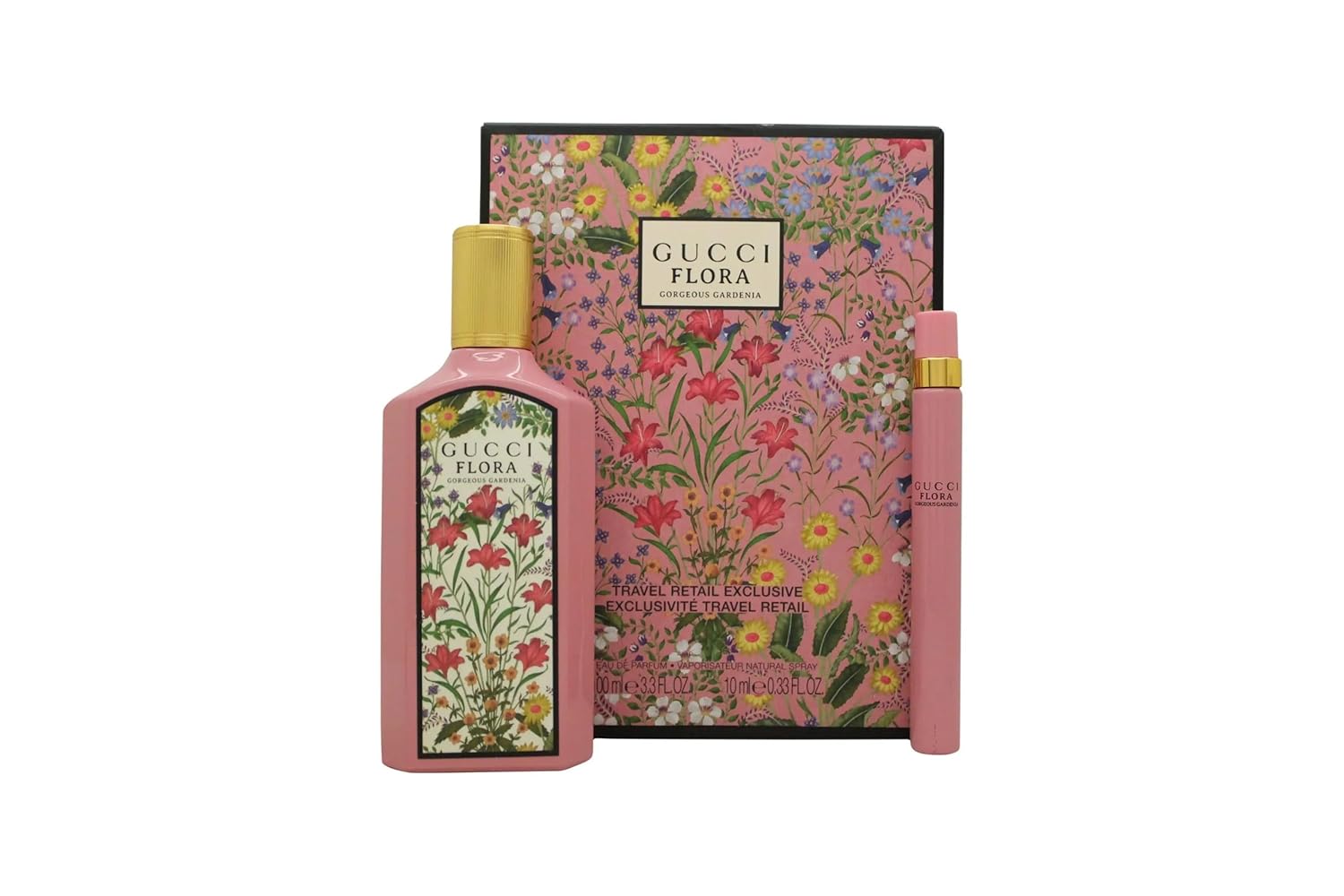 Gucci Flora Gorgeous Gardenia Gift Set for Women Eau de Parfum Spray 3.3 Ounce + Travel spray EDP 0.33 Oz