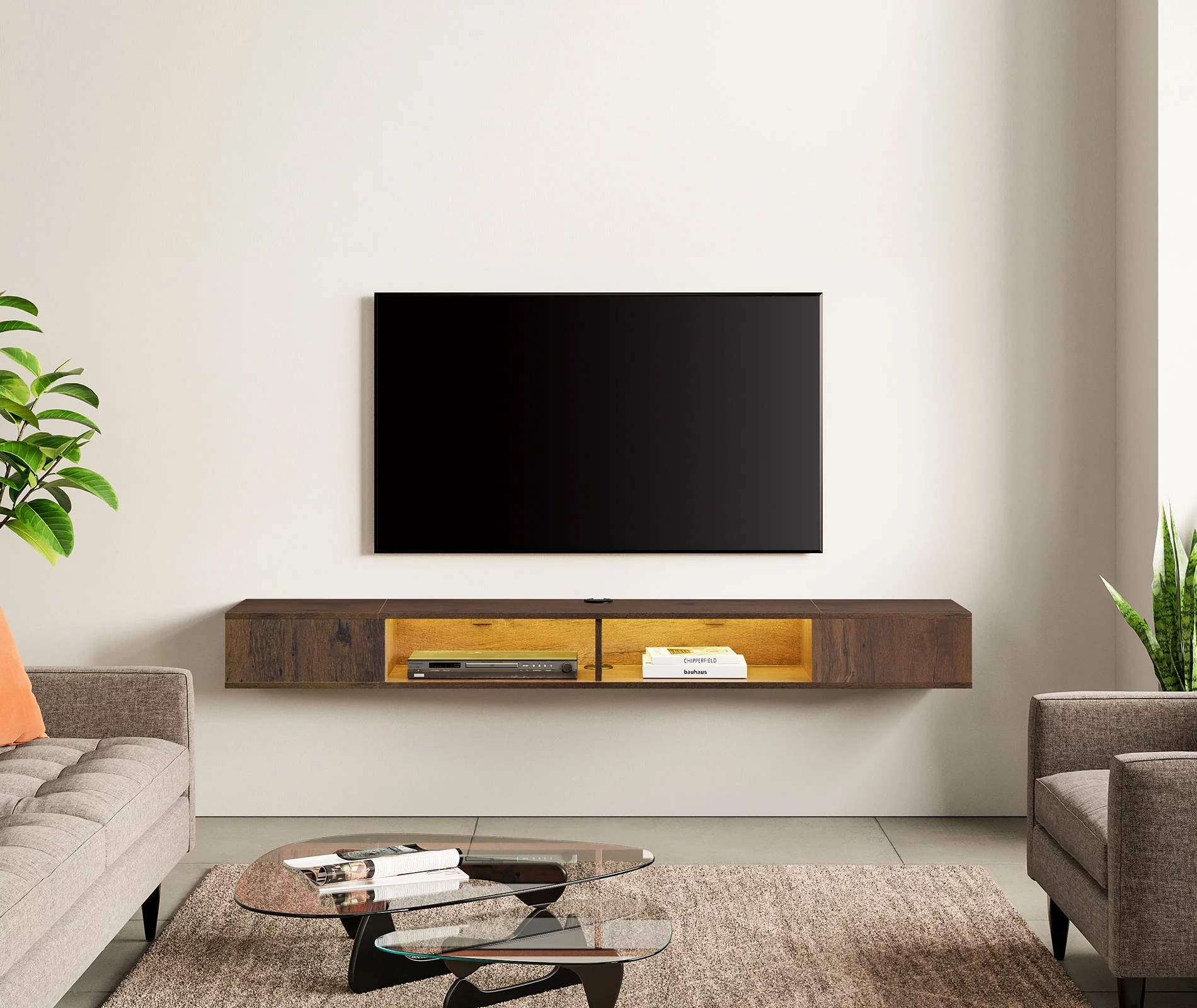 Floating TV Stand Wall Mounted with Yellow Lights for 65/75/80 Inch TV, Floating Entertainment Center Storage Shelf Living Room, Brown