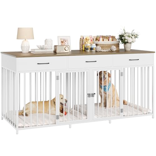 HOSTACK Double Dog Crates Furniture, 71" Wide Indoor Dog Kennel with 3 Drawers, Farmhouse Dog Cage for 2 Large/Medium Dogs