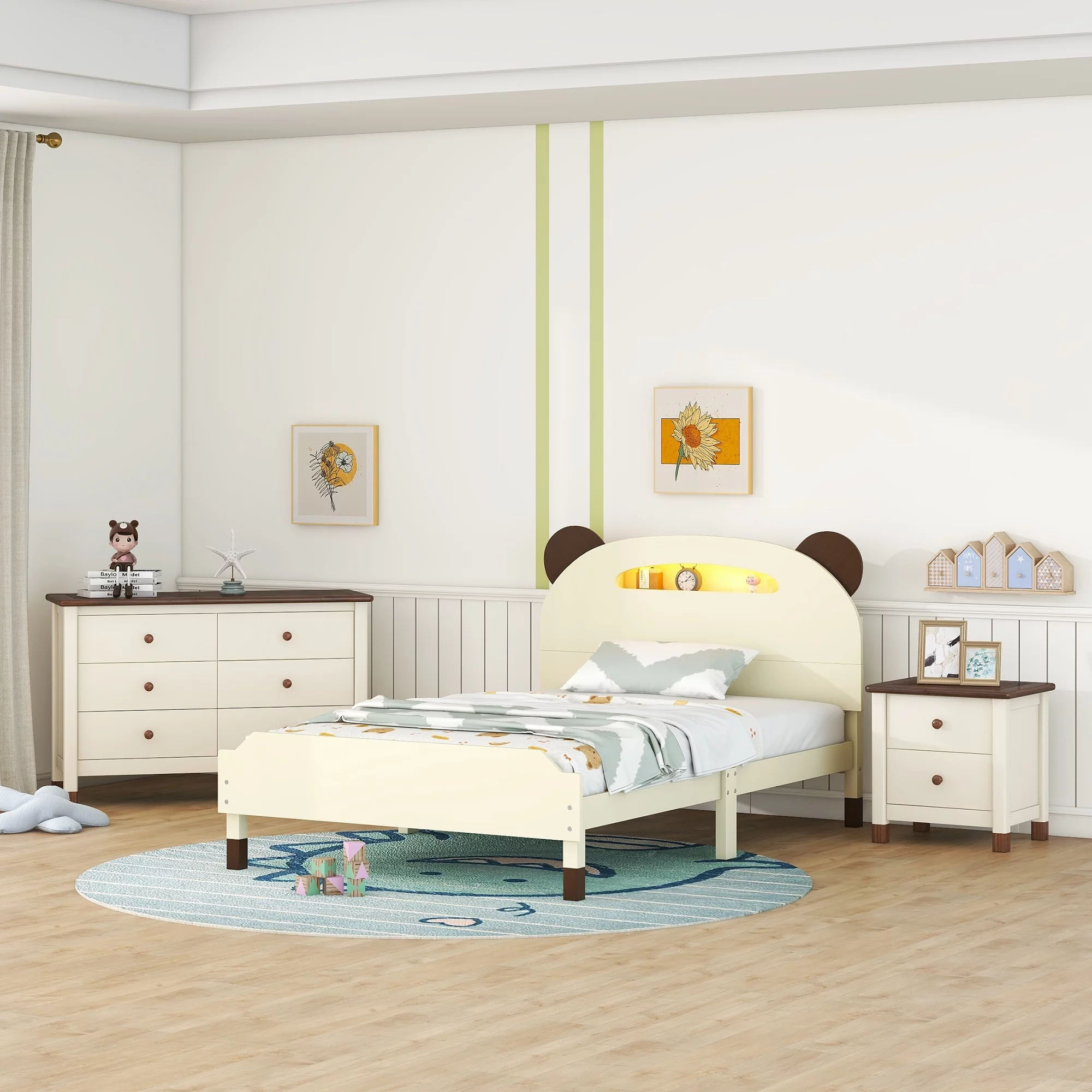 CoSoTower 3-Pieces Bedroom Sets Twin Size Bear-Shape Platform Bed with Nightstand and Storage Dresser,Cream+Walnut - Curated Treasures Market