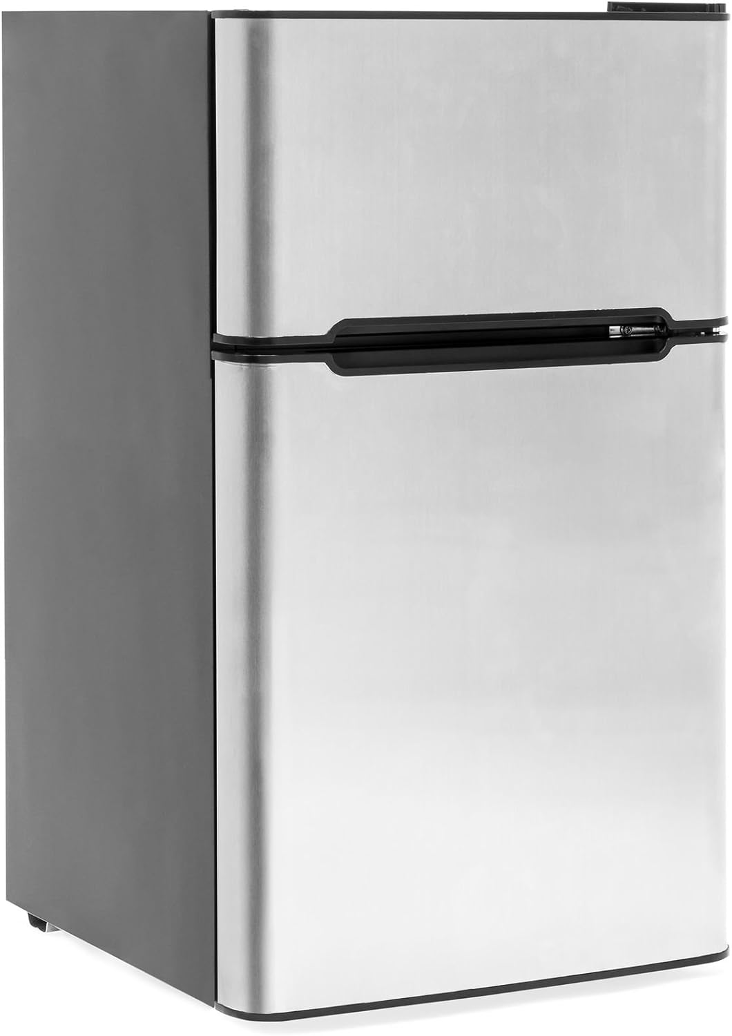 3.2 Cu. Ft. Stainless Steel Double Doors Compact Mini Refrigerator Internal Freezer Compartment Cooler Fridge Perfect For Home Kitchen Hotel Office