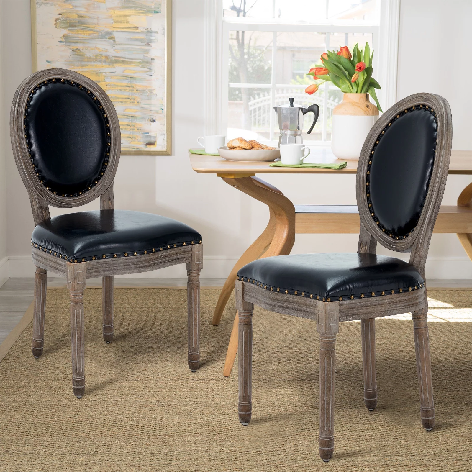 AVAWING Farmhouse Leather Dining Room Chairs 2 PCS, French Chairs with Round Back, Brown Wood Legs