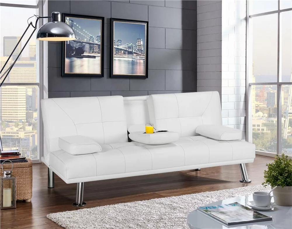 Yaheetech Modern Faux Leather Futon Sofa Bed Home Recliner Couch, White