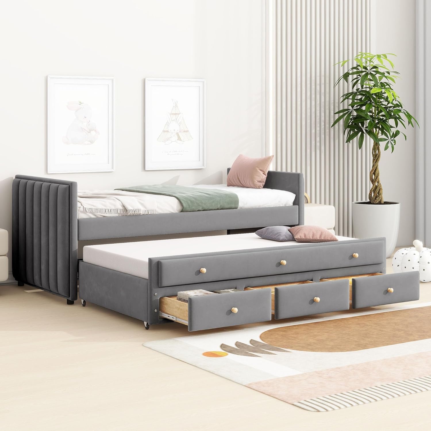 Twin Size Modern Velvet Upholstered Daybed with Twin Size Trundle and 3 Storage Drawers