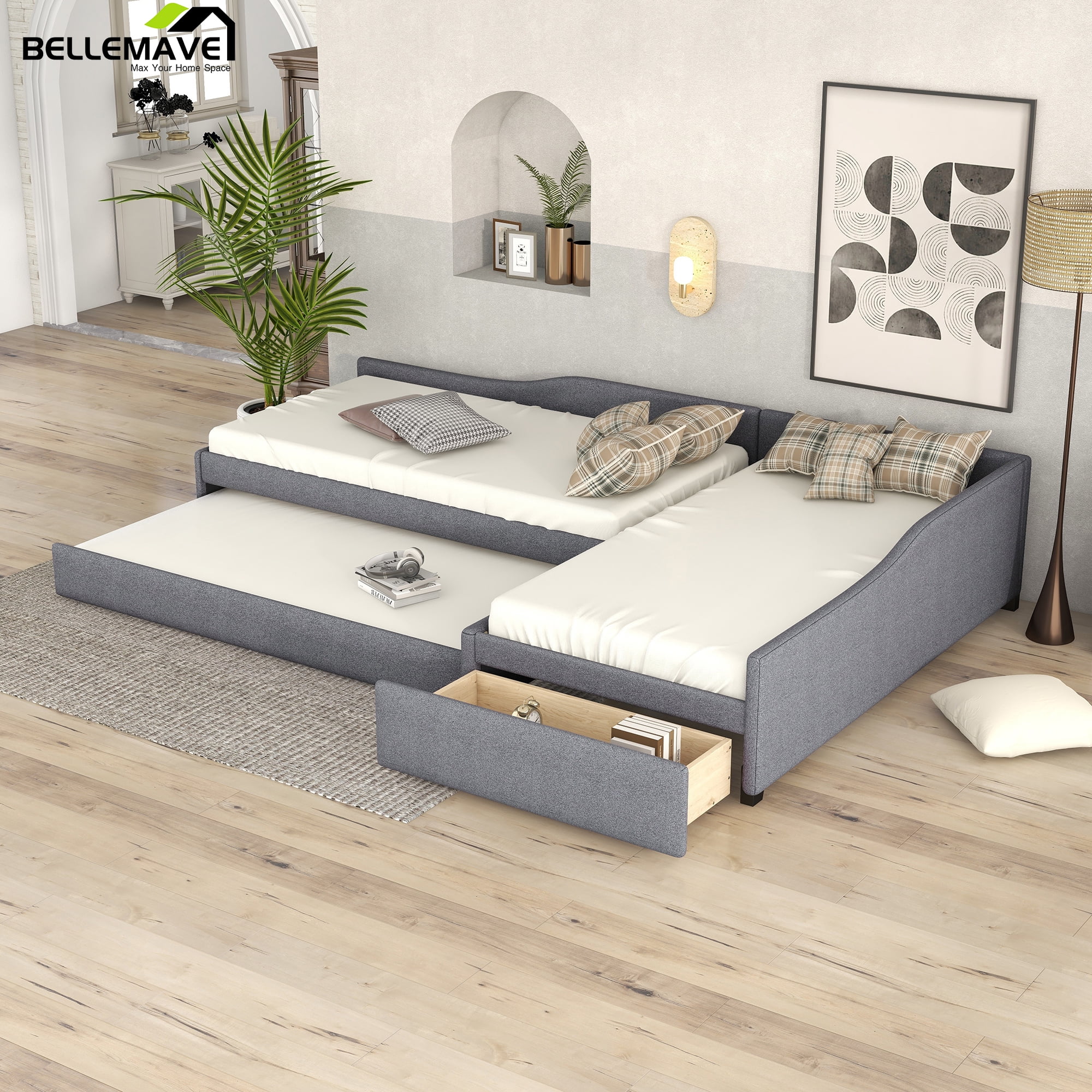 Bellemave L-Shaped Daybed with Trundle and Drawers, Double Twin Size Upholstered Sofa Bed with Storage, Twin Daybed Frame for Kids, Teens & Adults