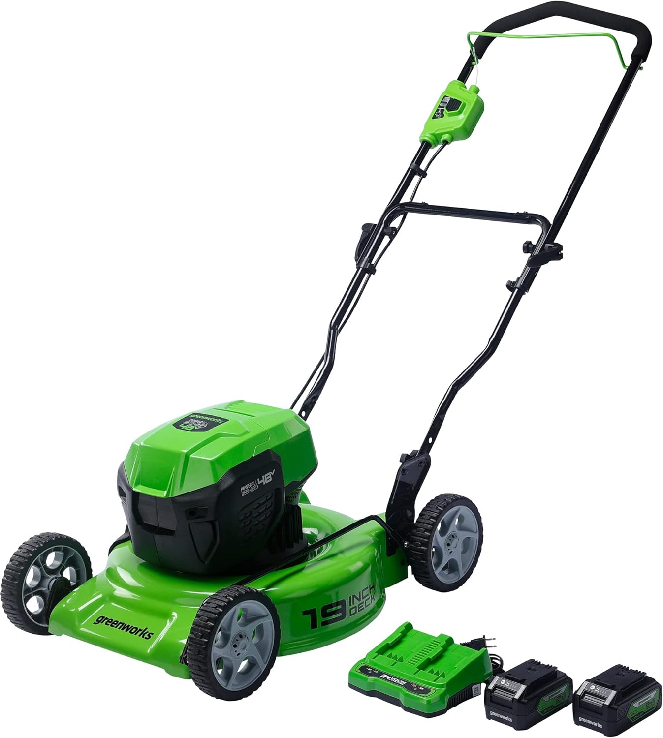 Greenworks 48V 19” BL Lawn Mower, (2) 4.0Ah Batteries and Dual Port Charger Included