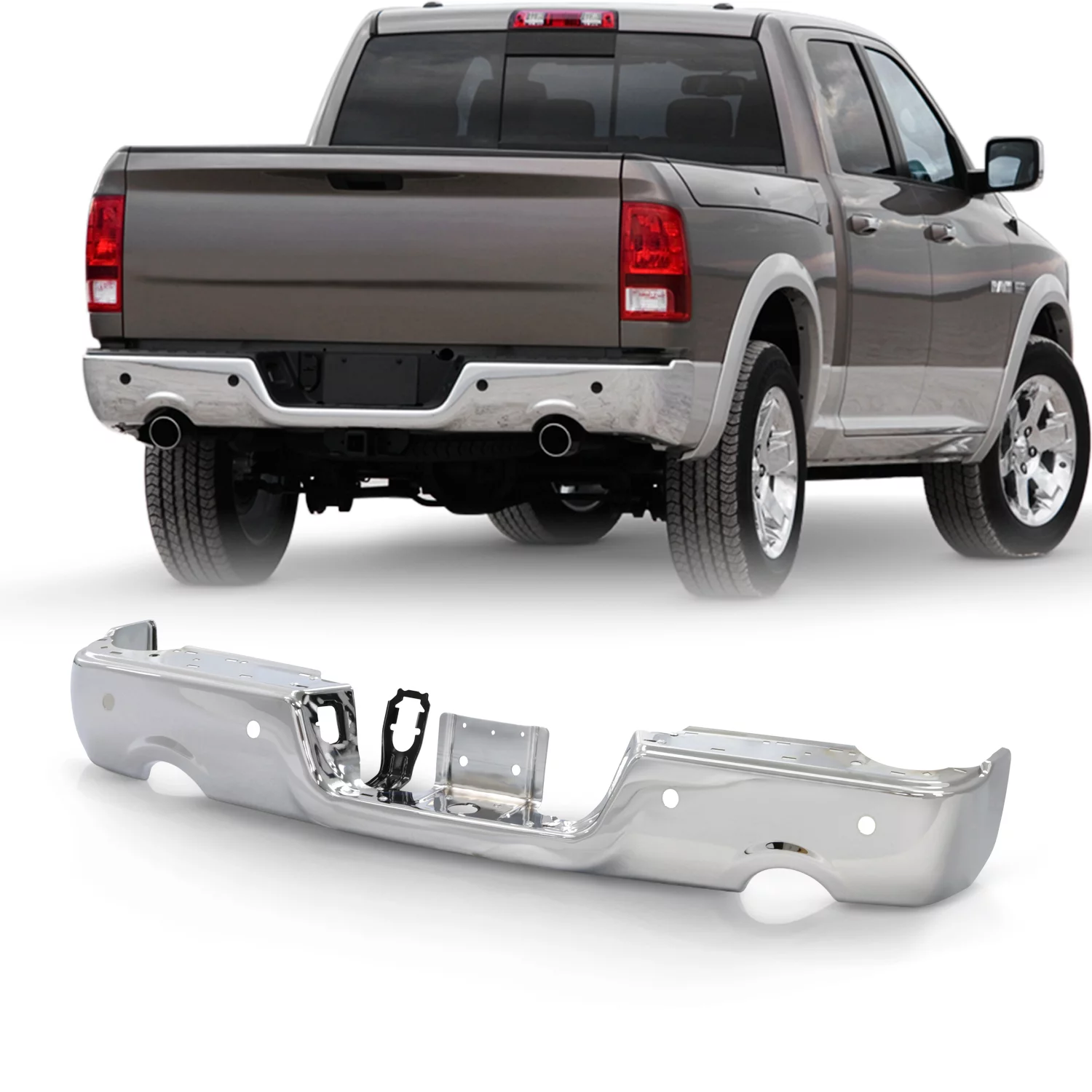 AKKON - Fits 2009-2018 Dodge Ram 1500 19-22 Classic Chrome Rear Bumper Black Step with Dual Exhaust & Rear Parking Assist Sensor