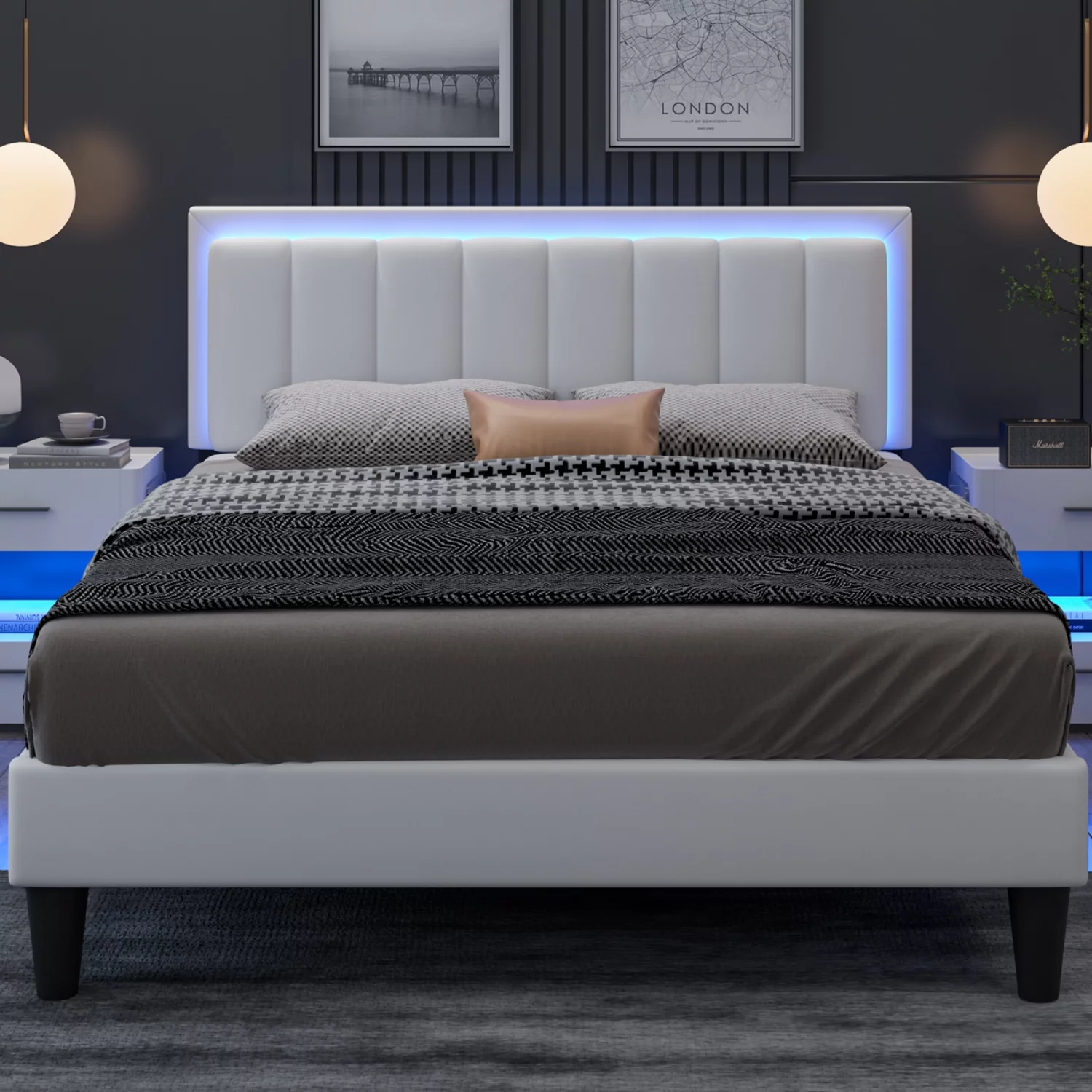 4 EVER WINNER Full Size Led Bed Frame, Upholstered Platform Bed Frame with PU Faux Leather Headboard, White