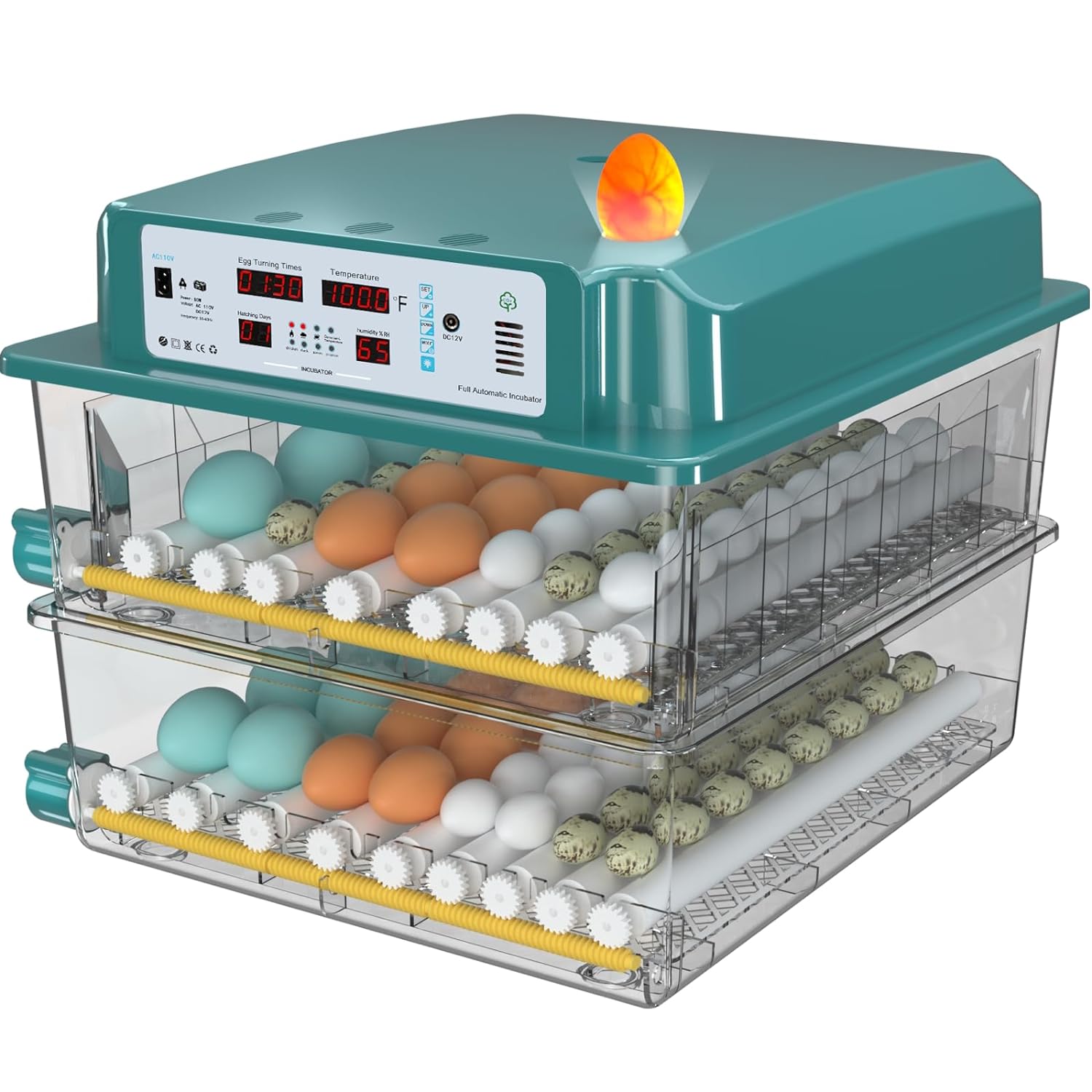 Egg Incubator, Egg Incubator with Automatic Egg Turning and Humidity Monitoring, Incubator for Chicken Eggs, 120 Eggs Incubator with Egg Candler