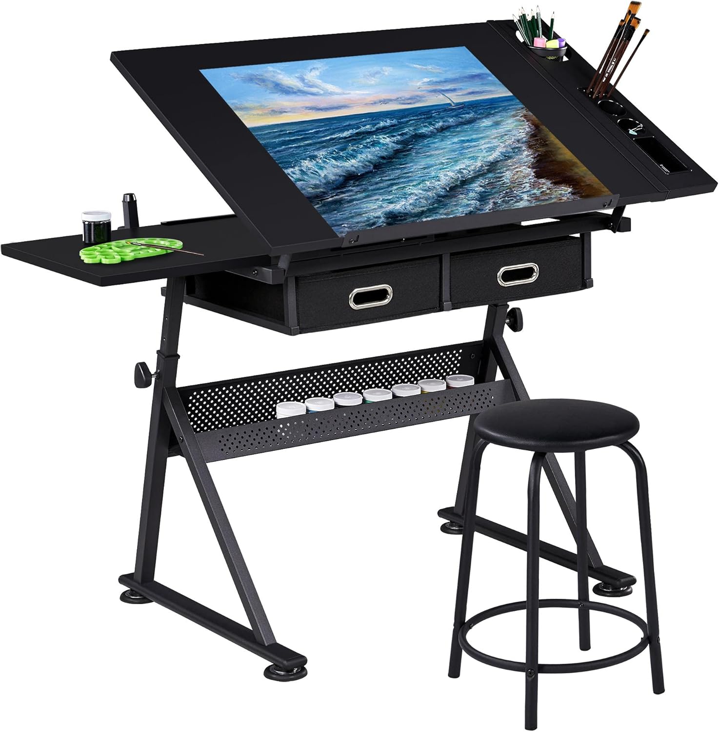 Yaheetech Art Craft Table Drawing Table Height Adjustable Drafting Desk Work Station with Tiltable Tabletop w/Stool and 2 Storage Drawers for Reading