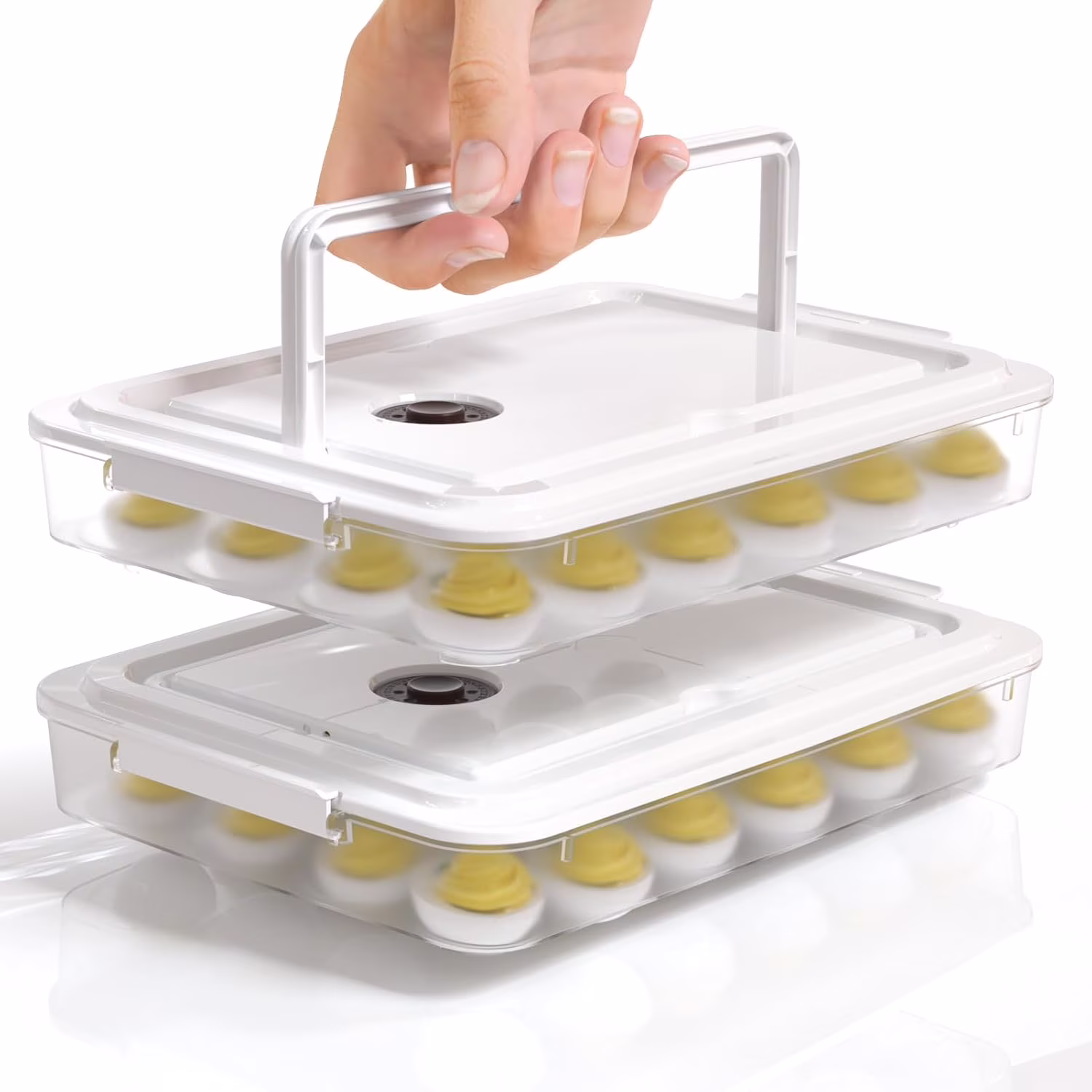 Deviled Egg Containers with Lid, (Set of 2), Plastic Deviled Egg Carrier with Handle for 48 Eggs, Clear Storage Devil Egg Platter
