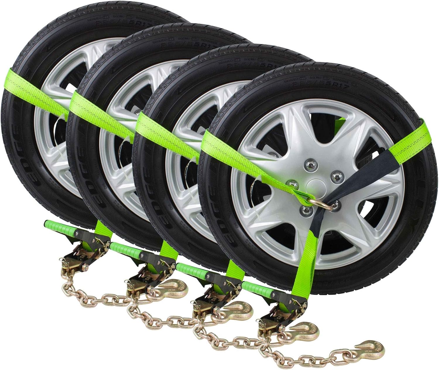 Mytee Products (8 Pack) 2 x 8' Car Tie Down Lasso Ratchet Strap with Chain Anchor - High Viz Green Tire Straps for Car Trailer