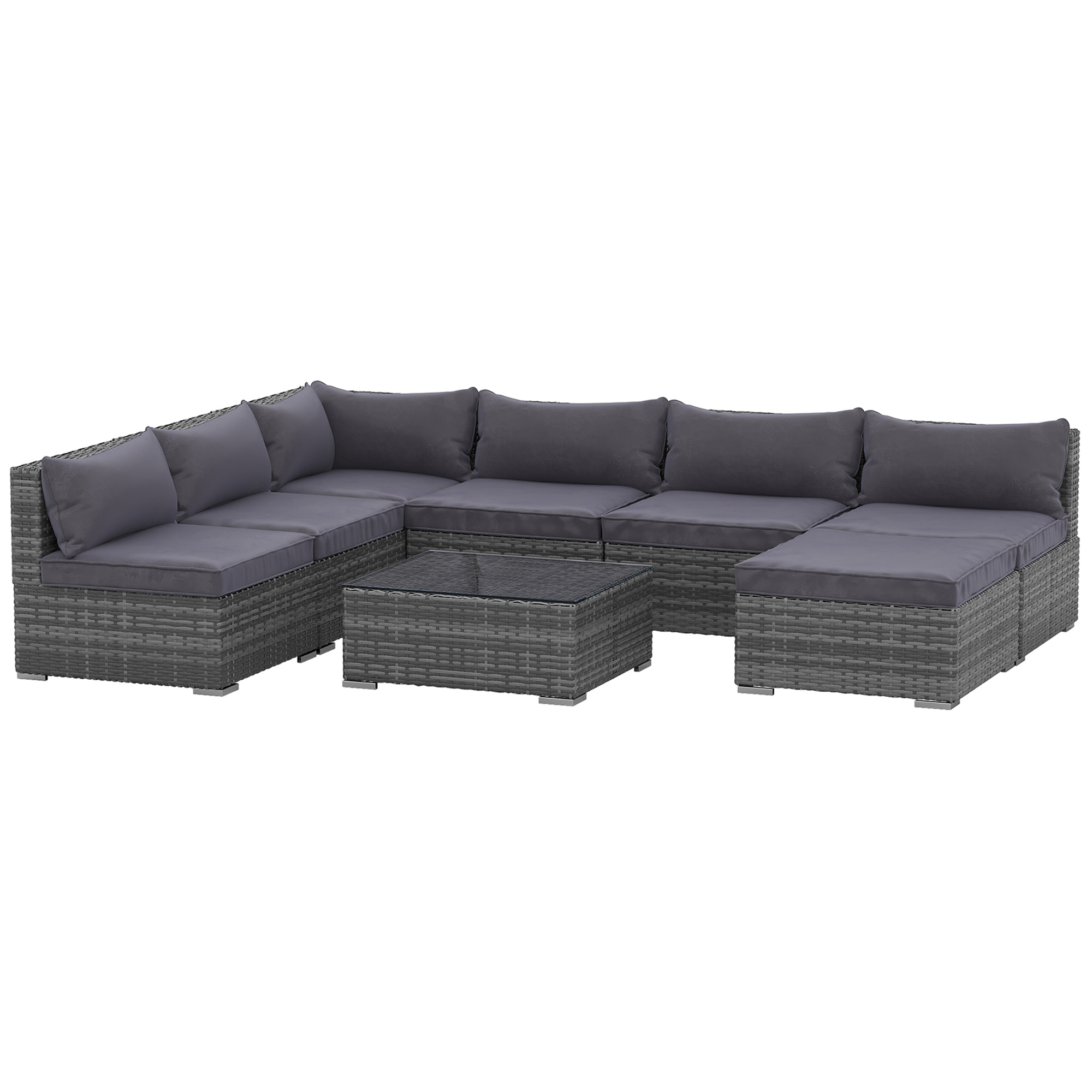 Outsunny Patio Furniture Set, 8 Pieces, Sectional Sofa, All Weather PE Rattan Conversation Set, Tempered Glass Table, 6 Seats, Ottoman Footstool