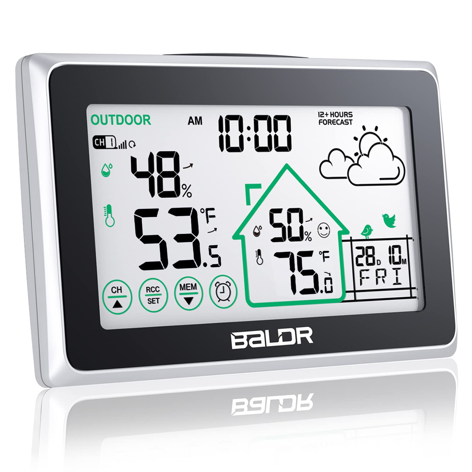 BALDR Weather Station, Atomic Clock Digital Touch Screen Indoor Outdoor Thermometer Wireless Temperature Humidity Monitor with Backlight and Calendar