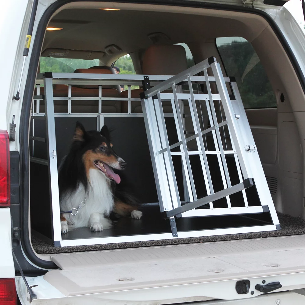Double Doors Pet Car Transport Cage, Aluminium Puppy Travel Crate Box, Trapezoidal Kennel Dog Cat Carrier Cage - Radiant Selections