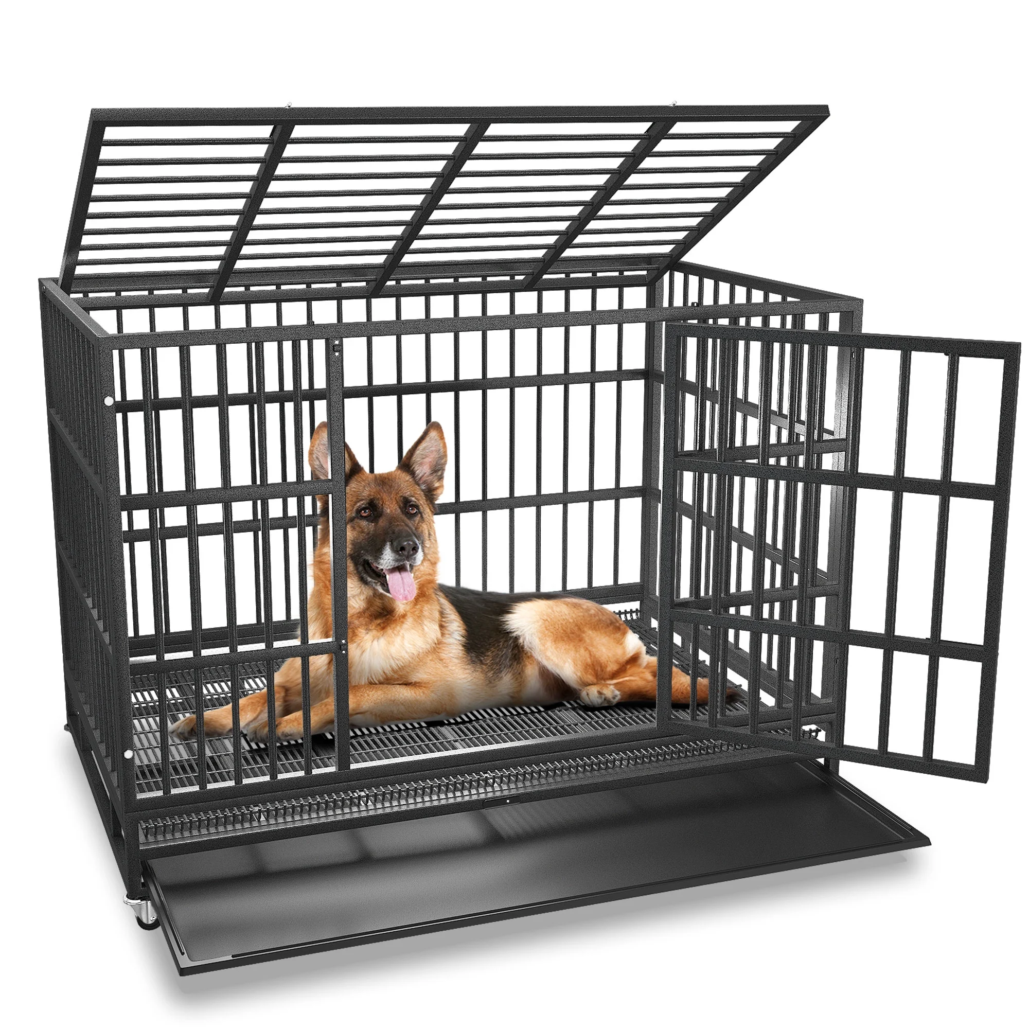Boldbone 48/38 inch Heavy Duty Indestructible Dog Crate Cage Kennel for Large Dogs, High Anxiety Dog Crate with Removable Crate Trays