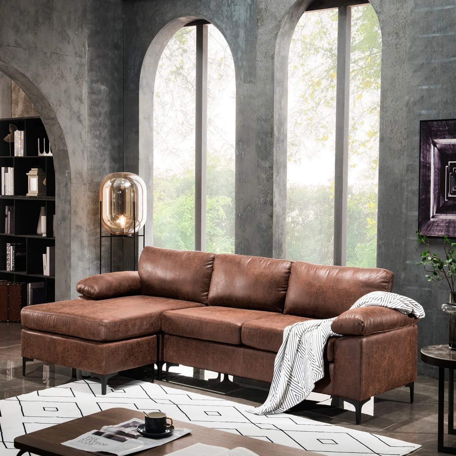 OVIOS  Mid-Century SUEDE Leather Chaise Reversible Sofa Brown Suede Left Facing Classic