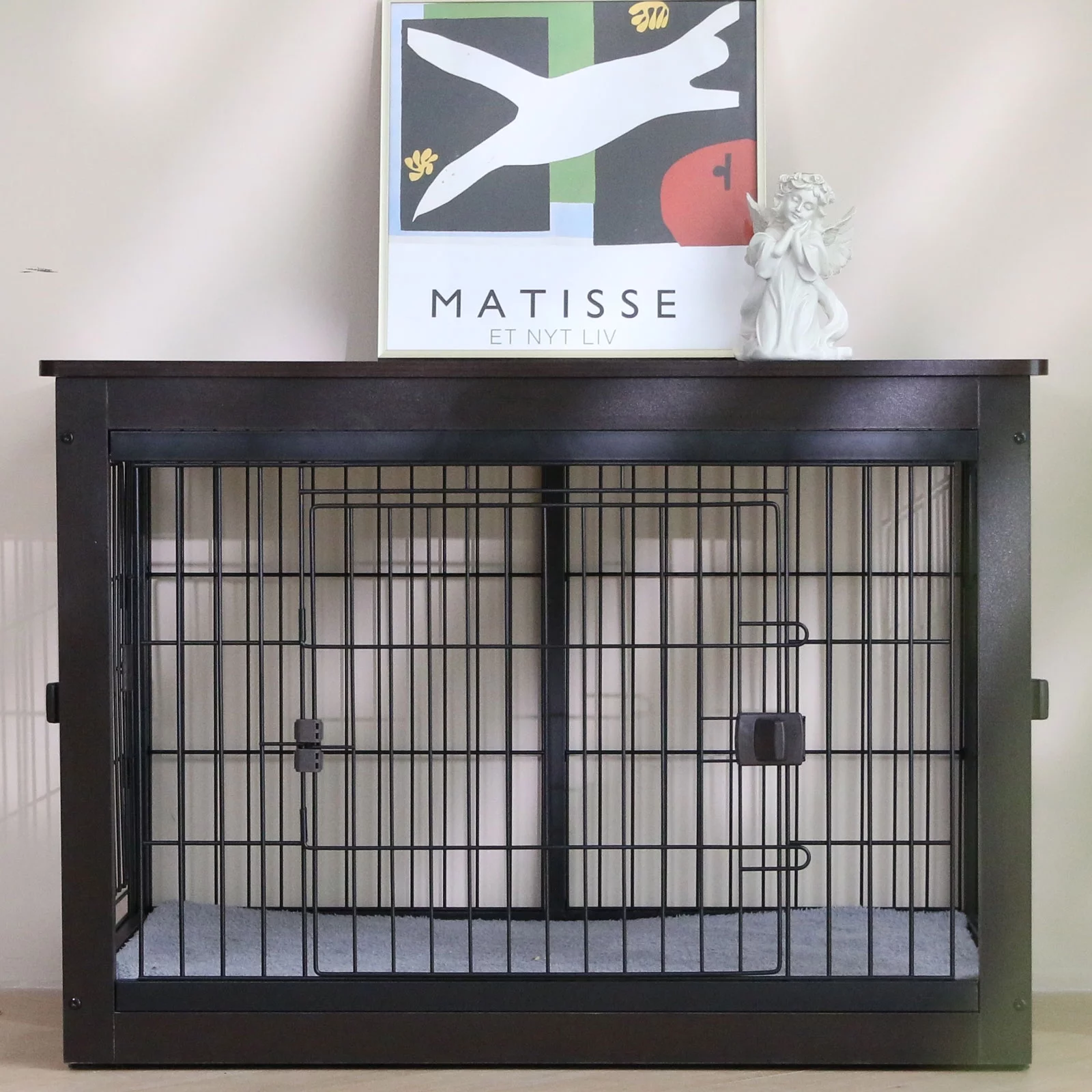 Dog Crate Furniture Indoor Dog Crate End Table Heavy-Duty Dog Cage with Dog Mat, Three-Door Dog House Black