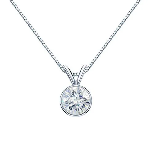Platinum Round Bezel-set Solitaire Moissanite Pendant Necklace (1 3/4ct TGW, 8mm, O.White) 16 to 18-inch by Diamond Wish