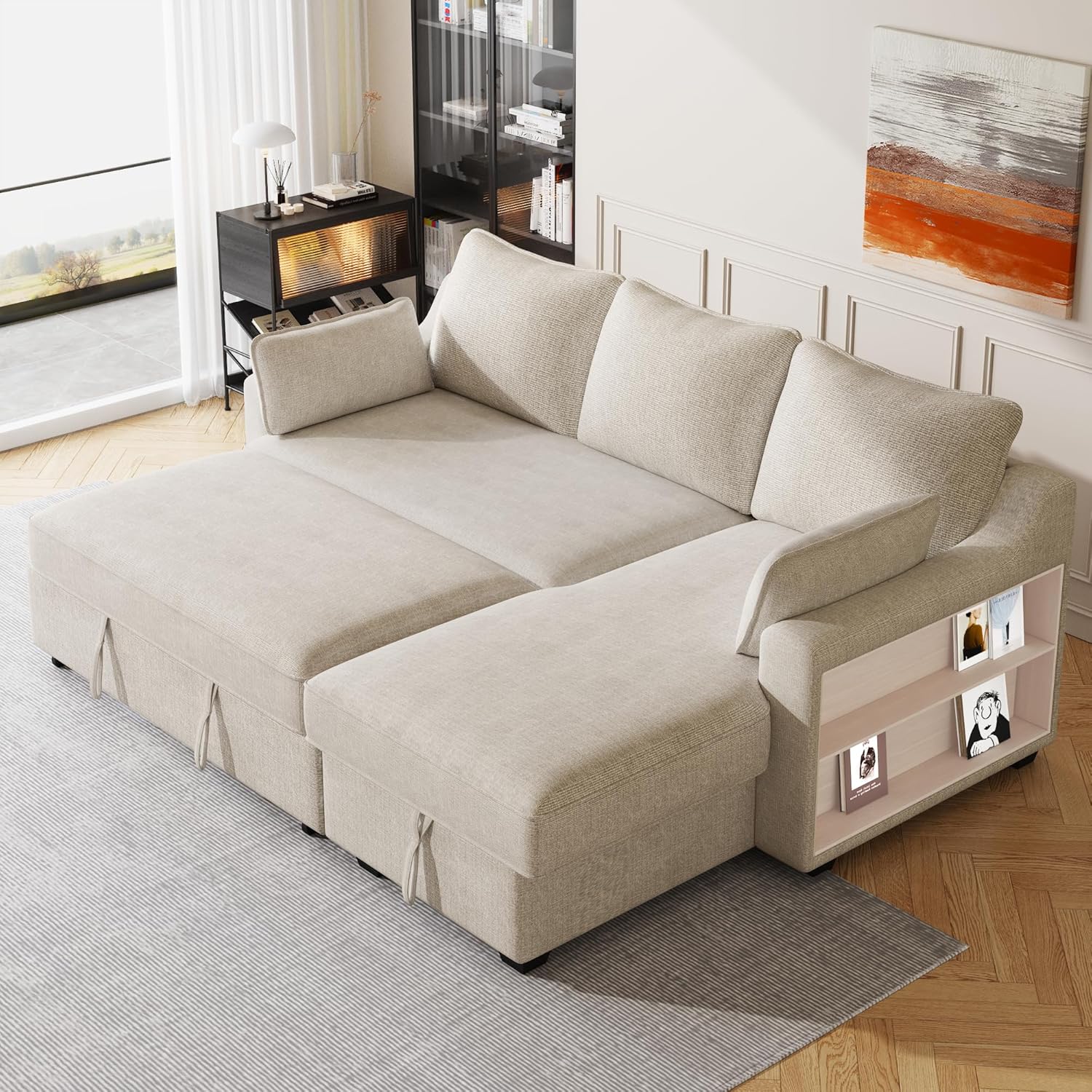 FANYE L-Shape Reversible Sleeper Sectional Couch Pull Out Sofa Bed w/Storage Chaise,Racks and USB Ports